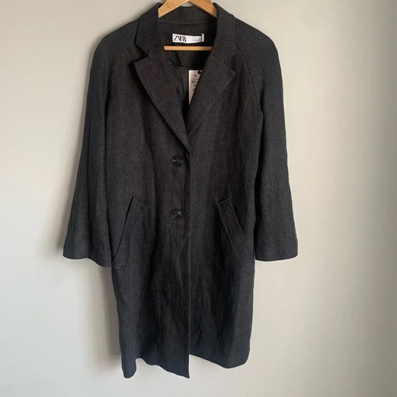 NEW Zara Linen blend Gray With Pockets Light Coat - Picture 3 of 7
